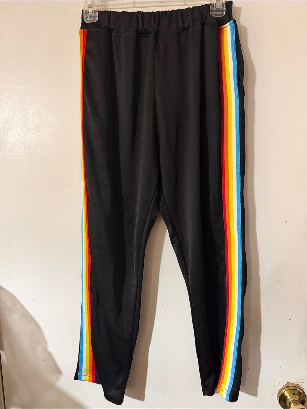 Kids Black Track Pants with Rainbow Side Stripes